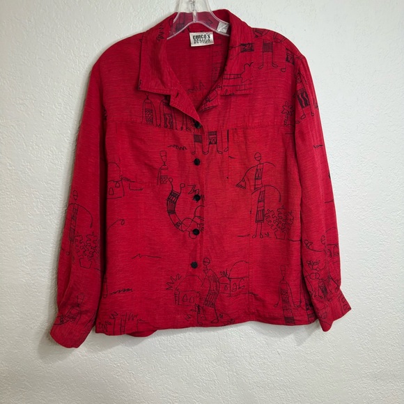 Chico’s Design Blouse Silk Linen Blend Printed Button-Up Red Size 2 - Picture 3 of 14